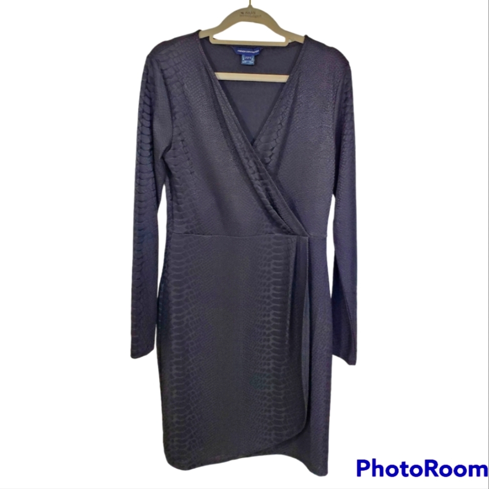 French Connection Shiny Black Long Sleeve Faux Wrap Dress size US 8